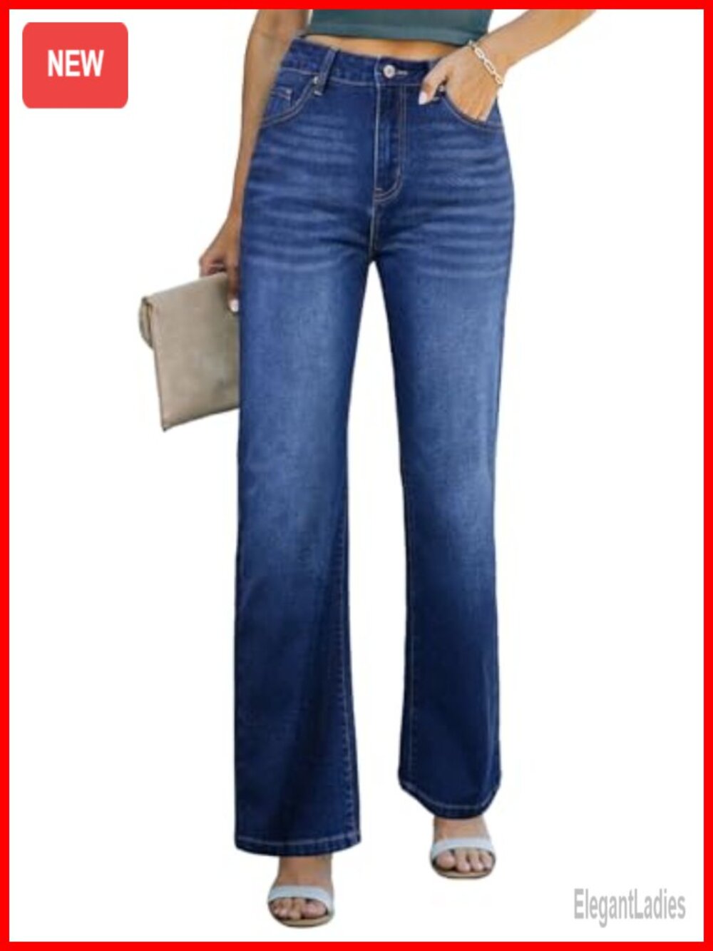 High Waisted Wide Leg Jeans Straight Denim Pants 5 Pocket Cotton Stretch